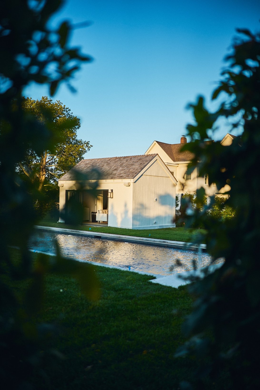 The pool house at dusk