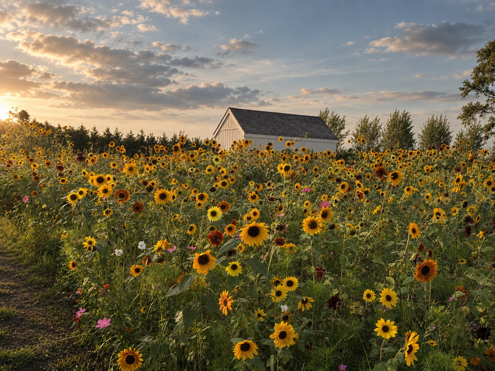 The meadow in bloom at last light, the barn beyond