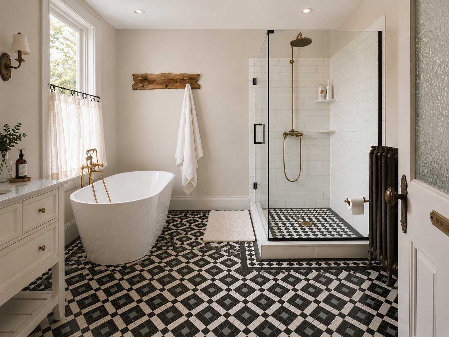 Bathroom with freestanding soaking tub, glass shower, and mosaic tile floor