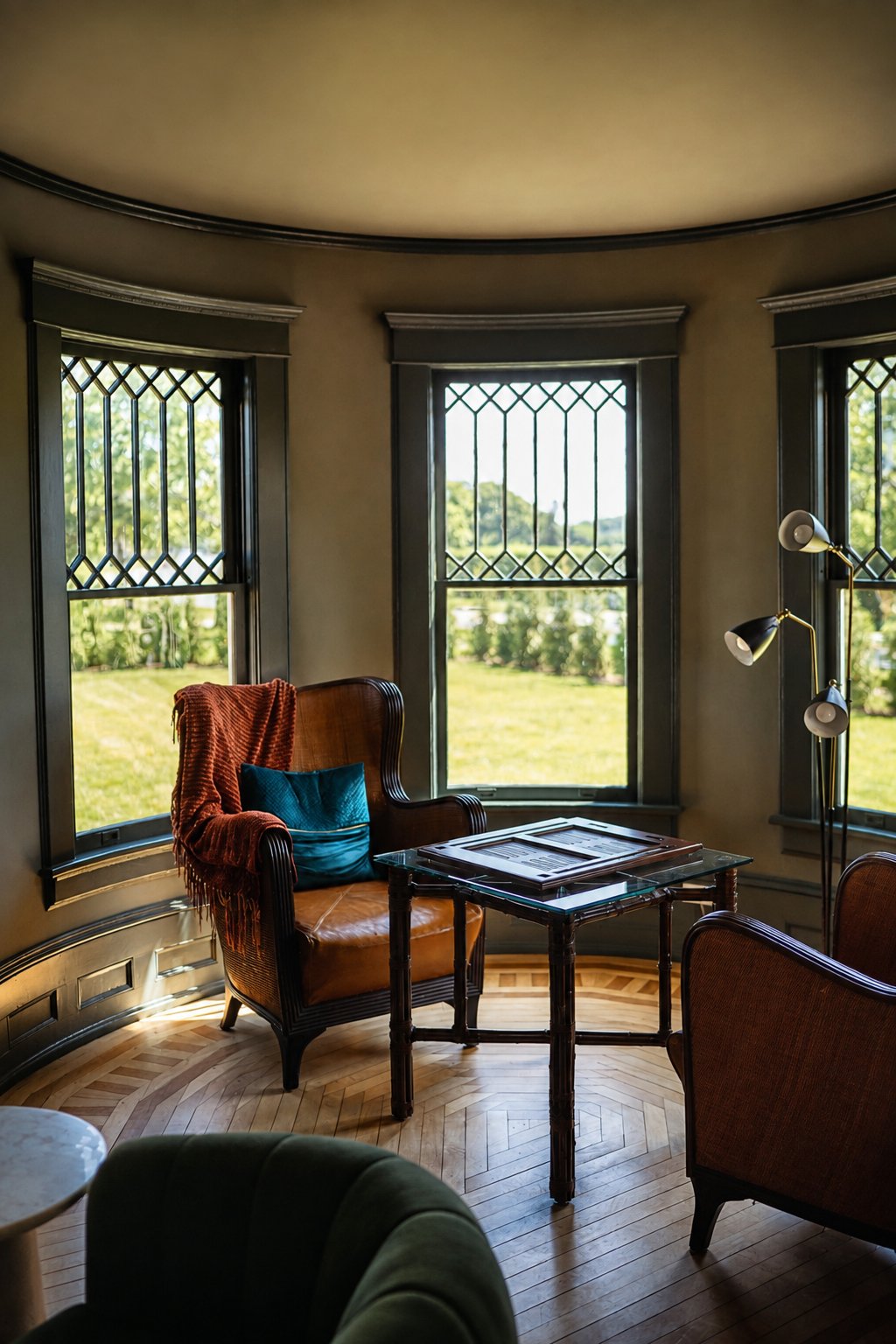 The turret sitting room with leaded glass windows